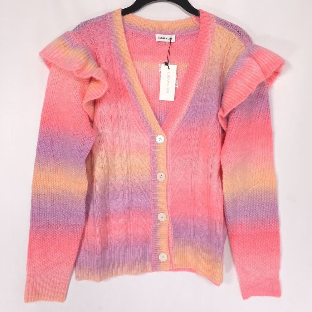 SUGARLIPS Womens New MEDIUM Cable Knit Cardigan Ruffle Cotton Candy Skies Wool B